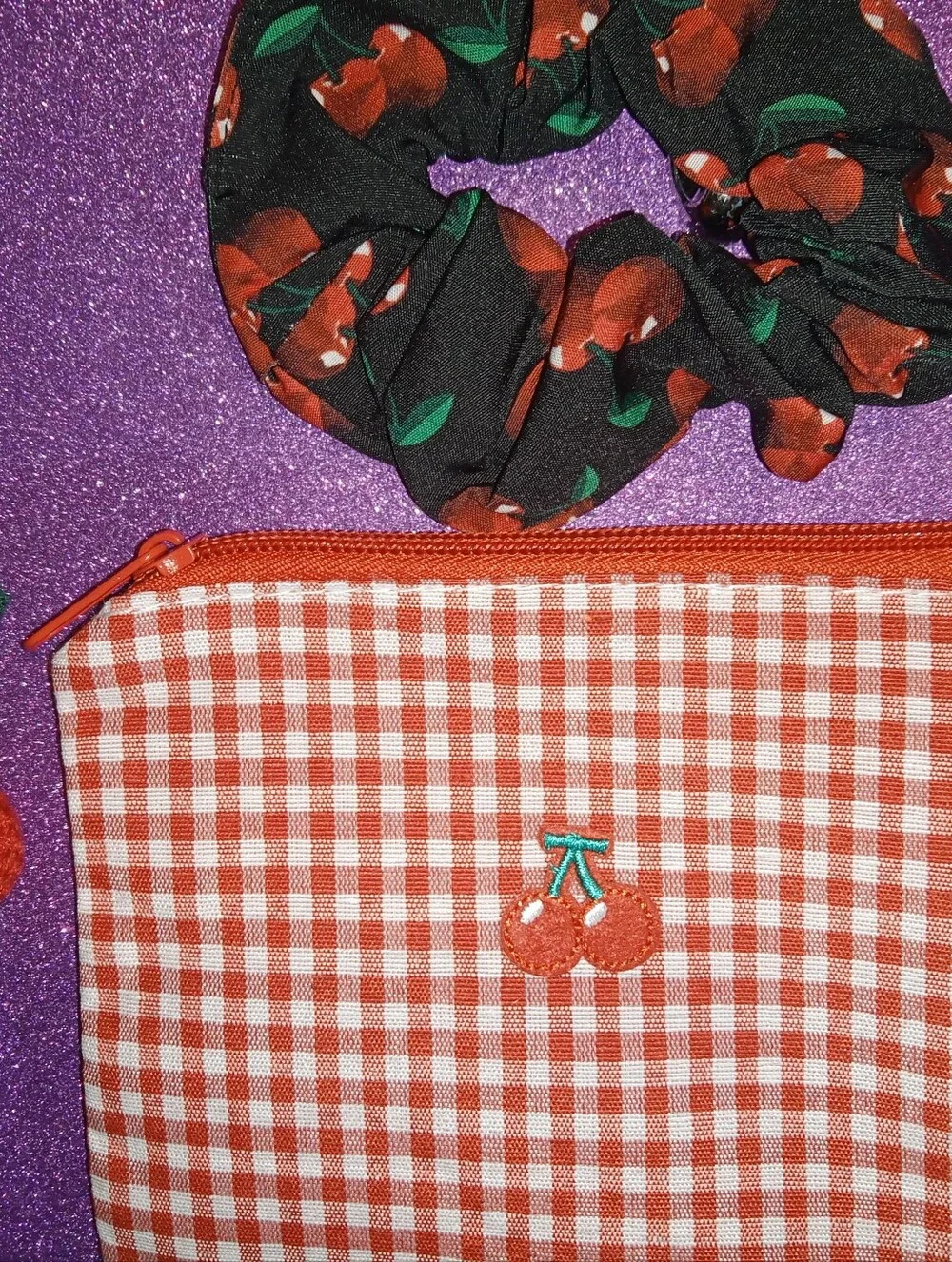 Cherry Gingham Zipper Pouch with Matching Scrunchie and Keychain